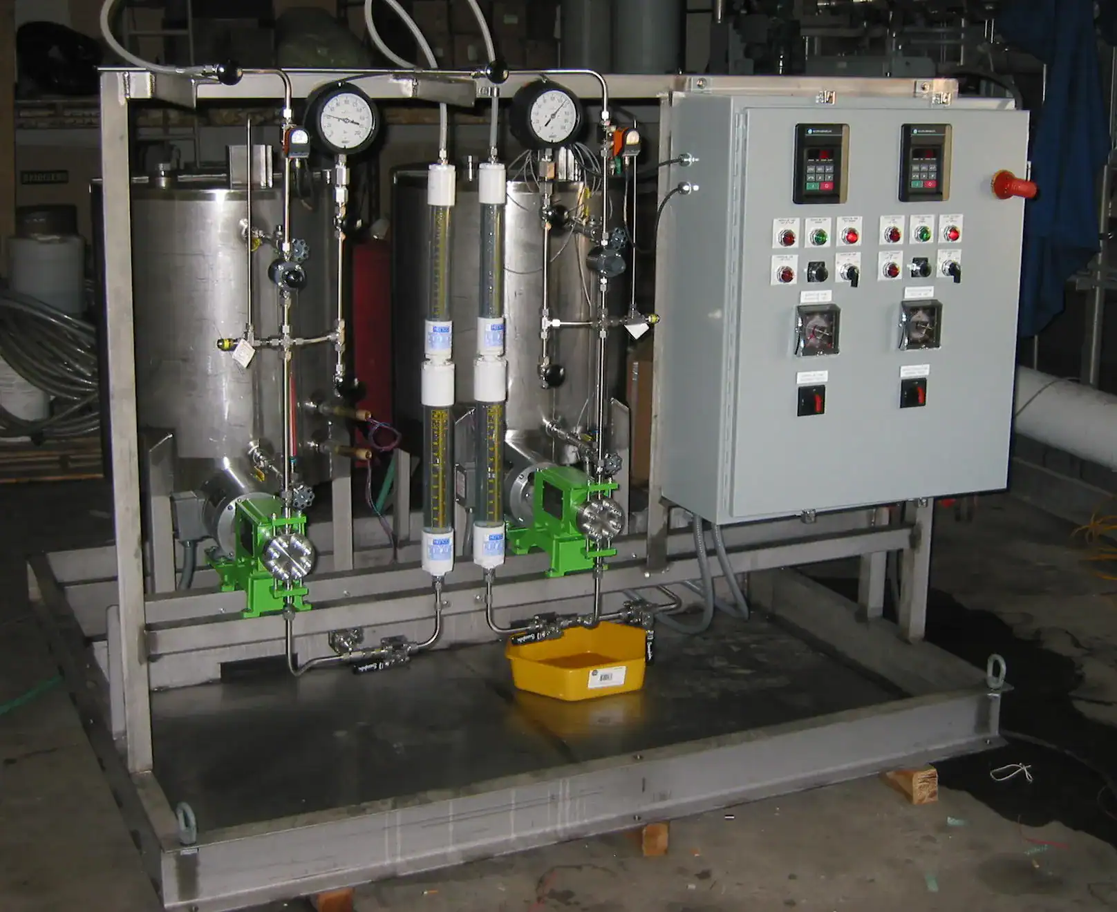 chemical-feed-skid Custom chemical feed skid with control panels built by LiquiTech